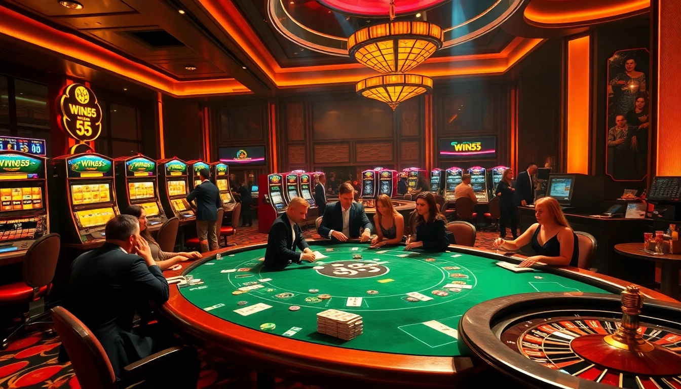 Experience thrilling poker action at Win55 with vibrant chips and energetic games in a luxurious casino.