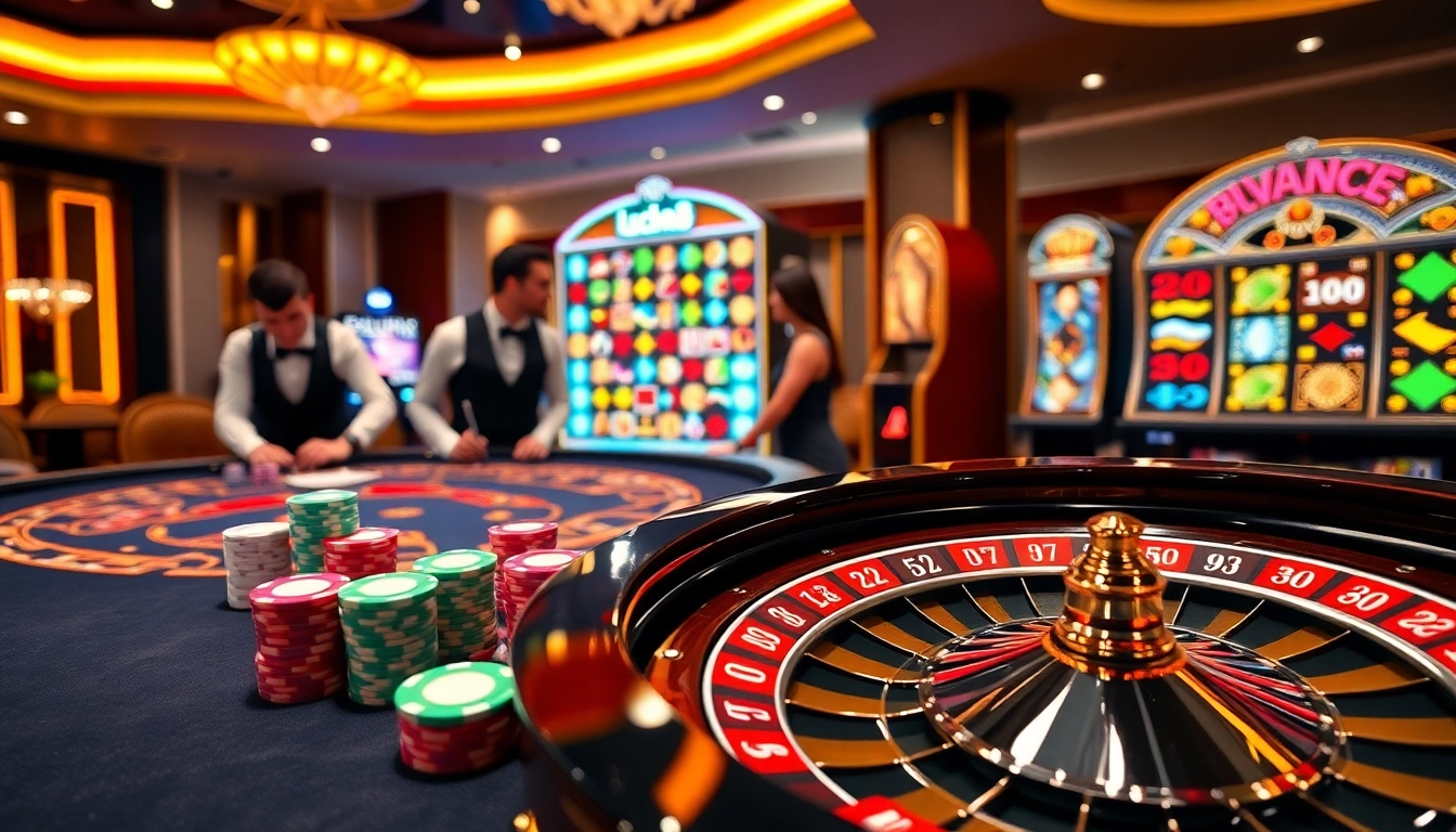 Experience the thrill of Luck8 with vibrant casino tables, poker chips, and a roulette wheel.