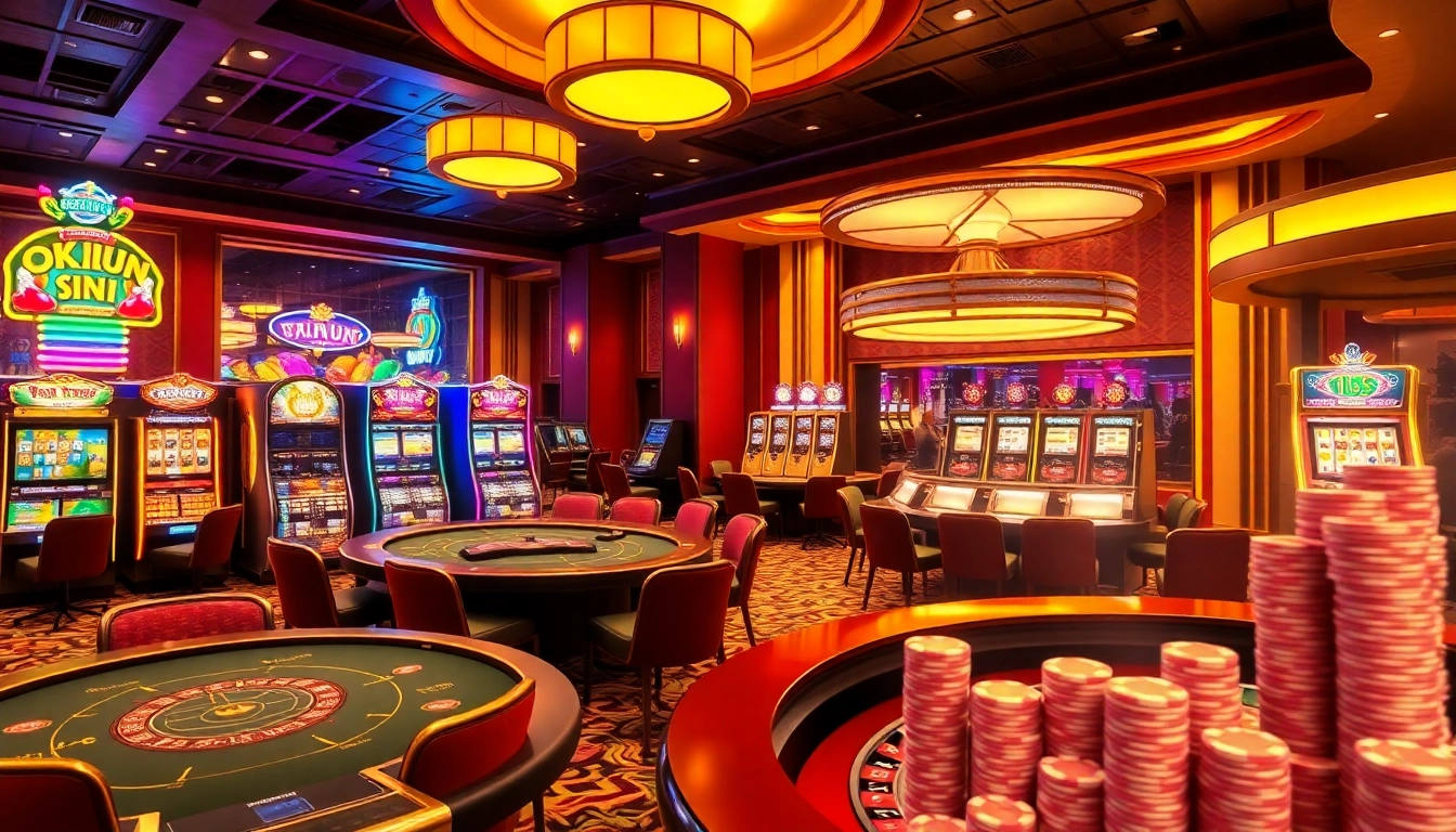 OKFUN casino scene showcasing players at tables with vibrant slot machines and a roulette wheel.