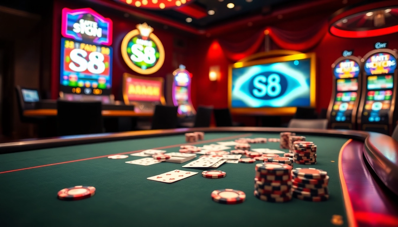Experience the excitement of S8 at a vibrant casino table with poker chips and high-stakes cards.