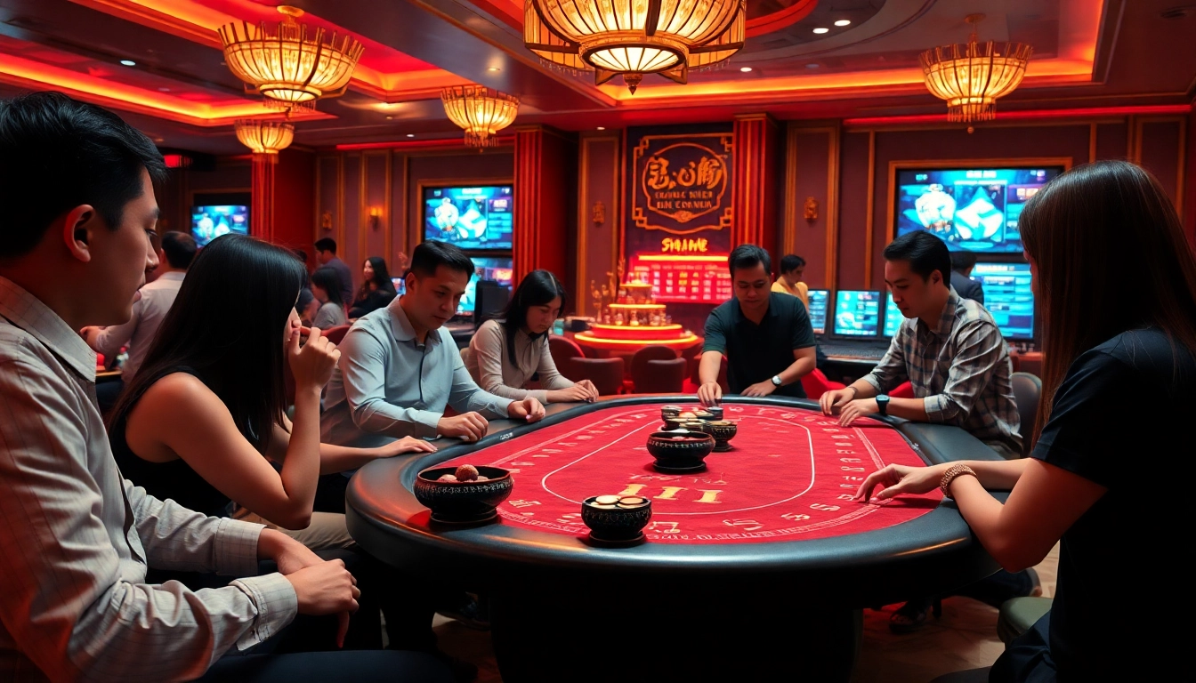 Experience the thrill of playing xóc đĩa online with excited gamblers at a luxurious casino table.