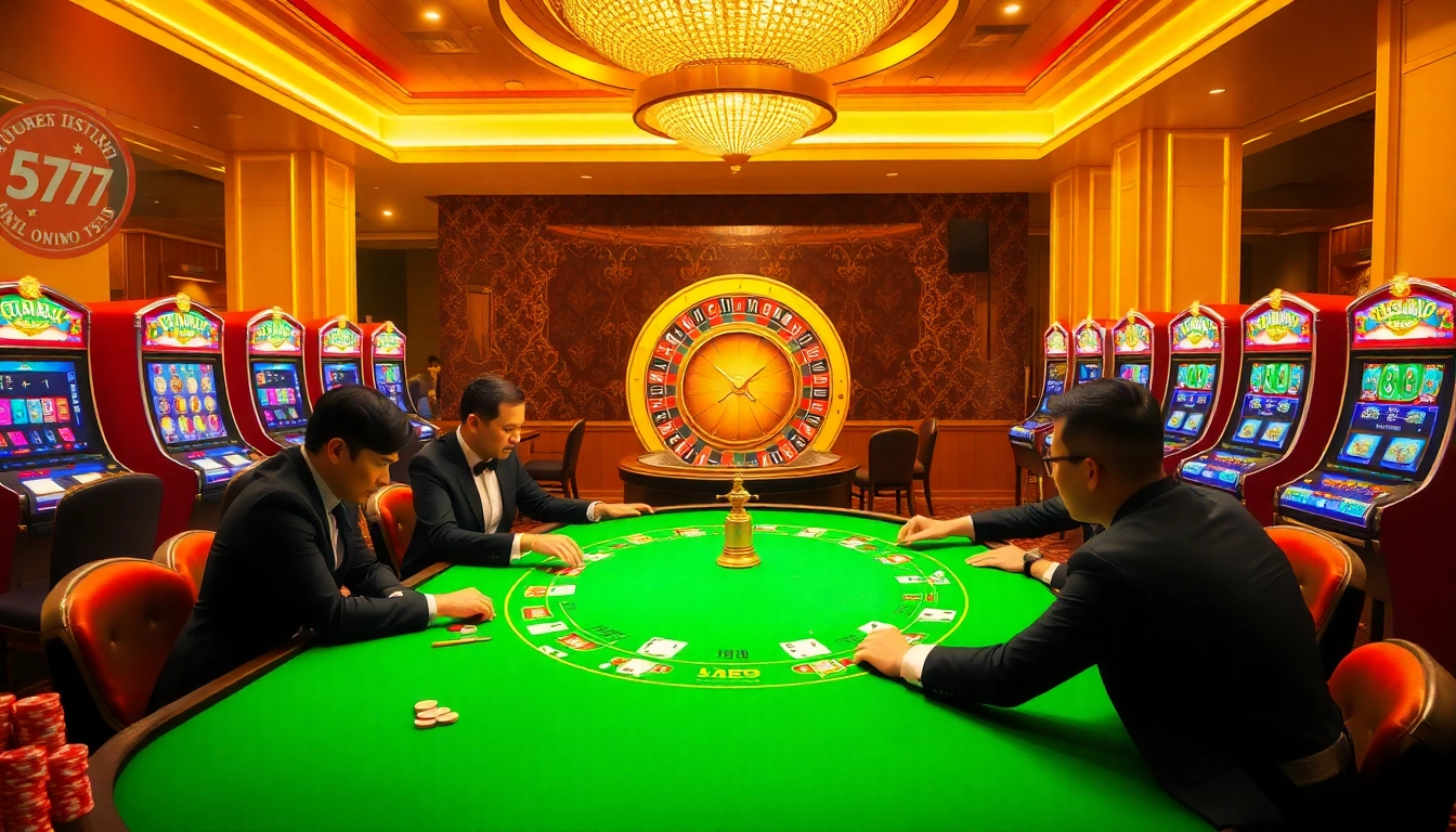 Exciting casino scene featuring poker players and vibrant slot machines at 5z777.
