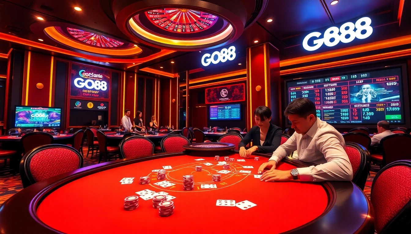GO88 casino scene with players at a luxurious poker table, highlighting excitement and elegance.