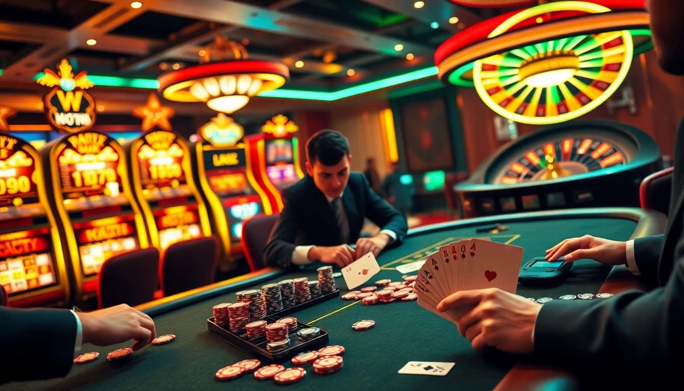 Players engage in a thrilling poker game at 39bet, showcasing vibrant casino elements and excitement.