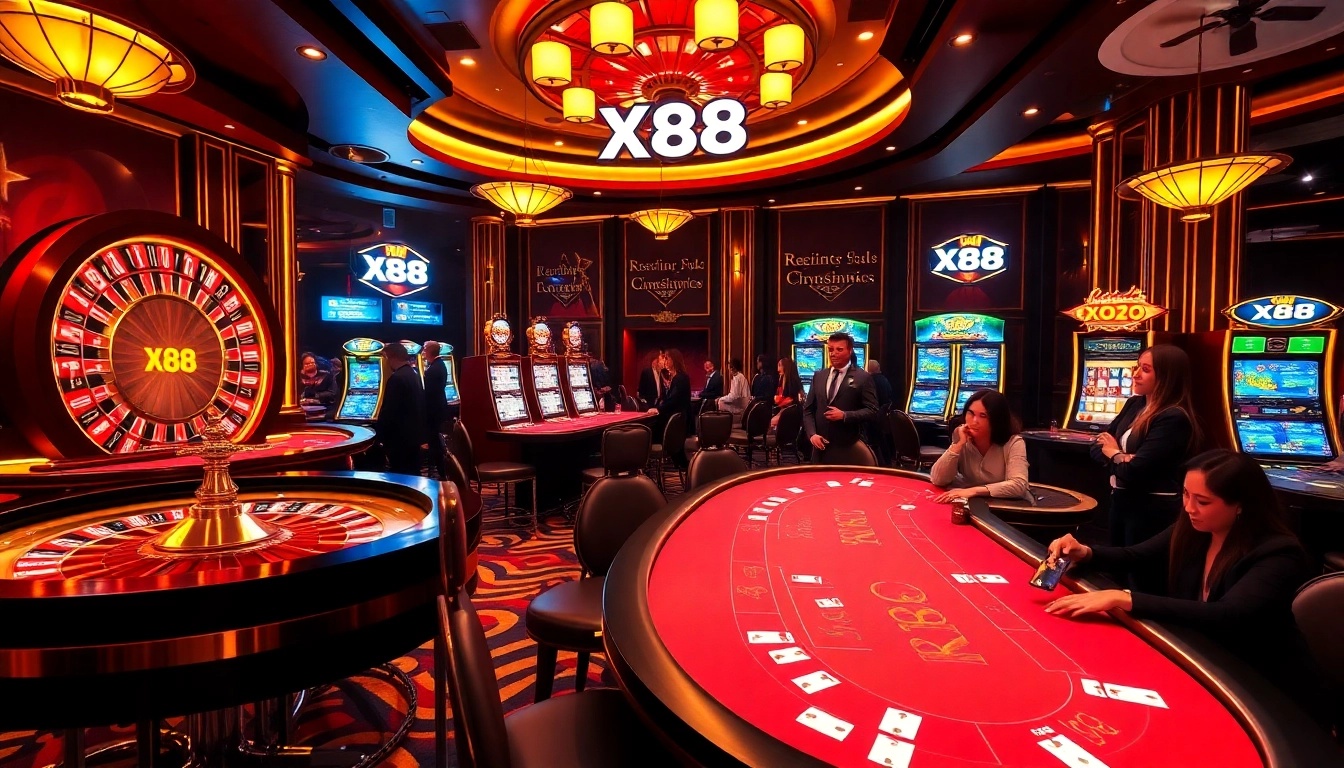 Experience gaming excitement with X88 at a luxurious casino table and vibrant slot machines.