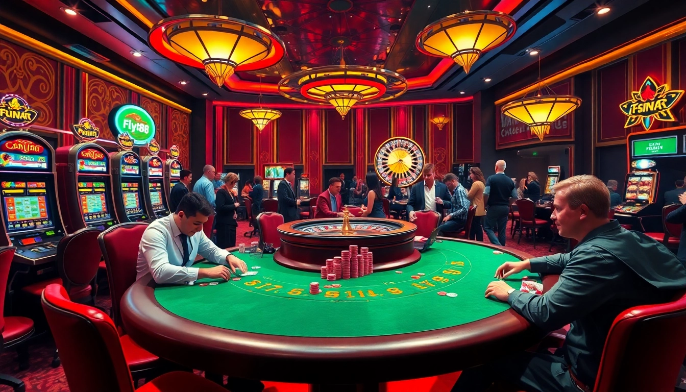 Experience the excitement of gambling with fly88 at an upscale casino scene featuring poker and slot machines.