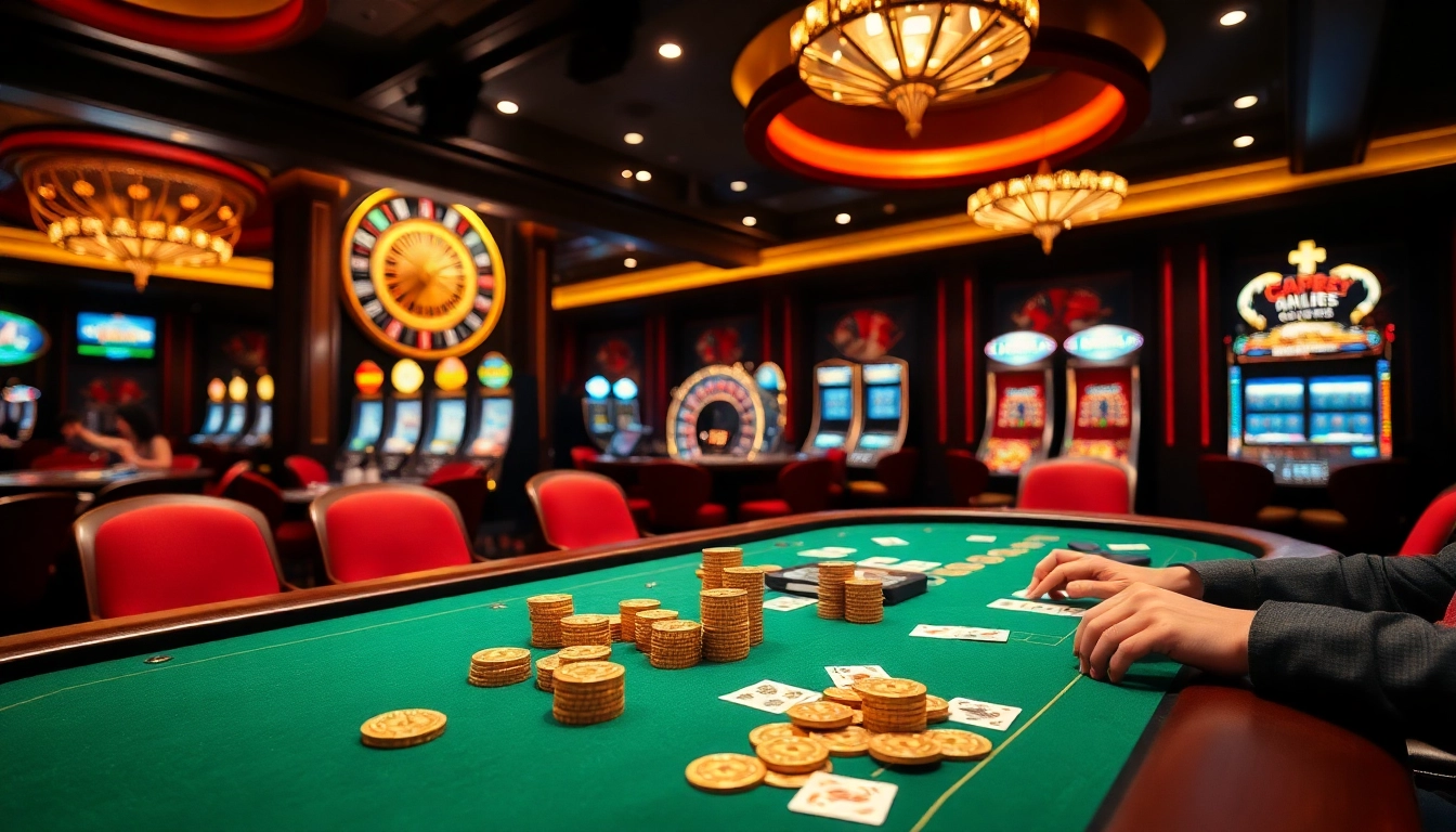 Players enthusiastically engaging with nk88 poker chips and cards at a vibrant casino table