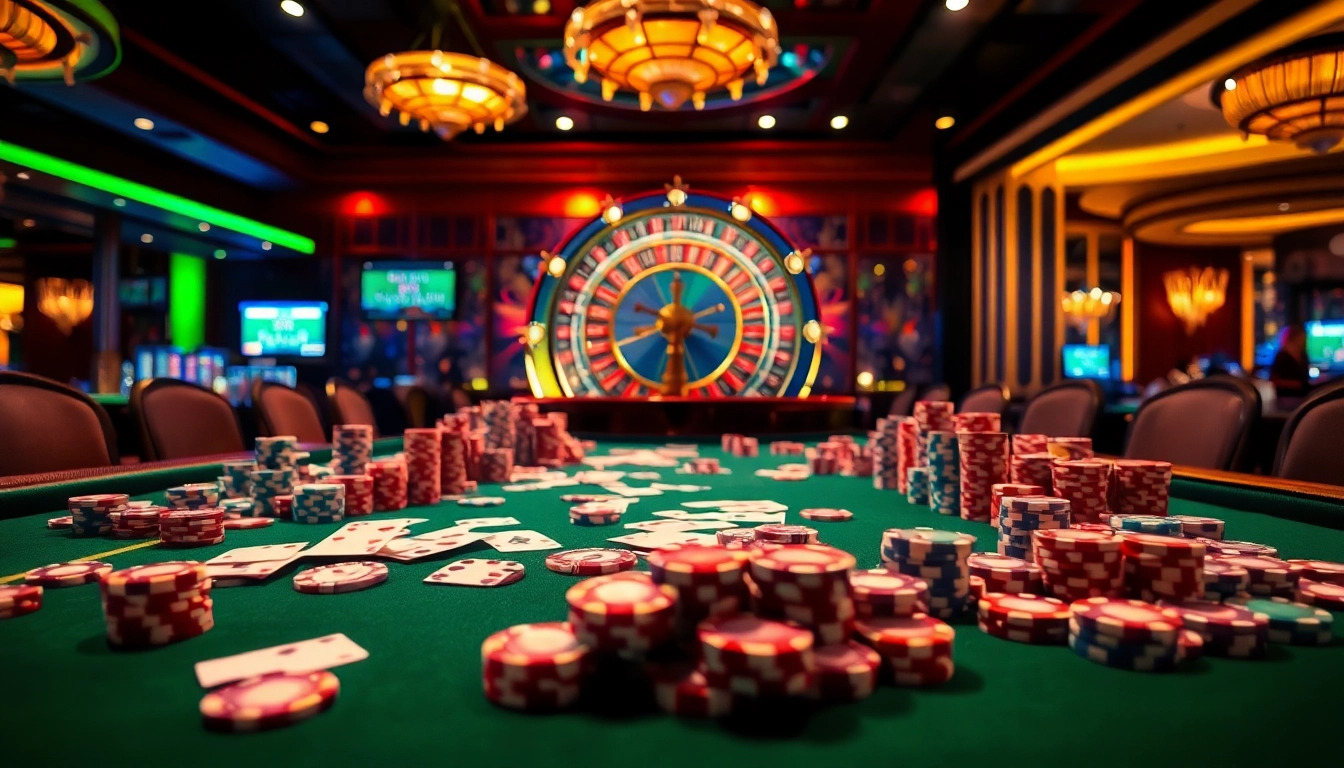 Players enthusiastically gamble at a luxurious poker table showcasing https://9bet0.us.com/ in a vibrant casino environment.