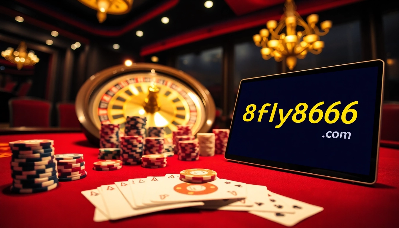 Engaging poker scene at 8fly886.com with vibrant chips and roulette wheel, highlighting casino excitement.