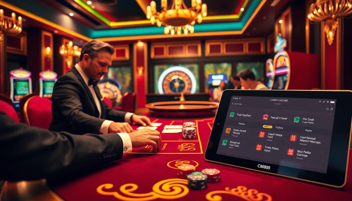 Experience the excitement of CM88 at a luxurious casino table with vibrant poker chips and cards.