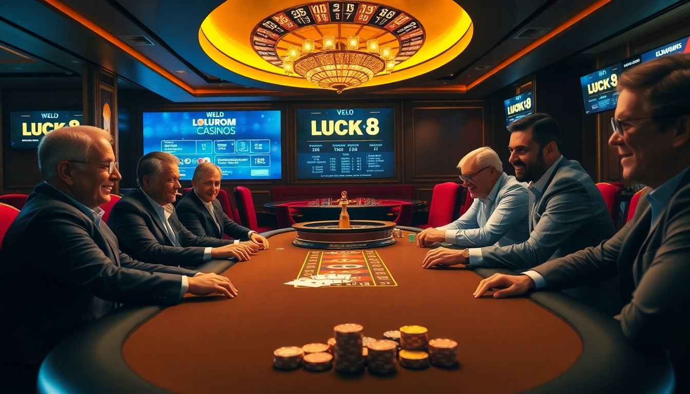 Players enjoying a thrilling game at Luck8 com poker table, with vibrant casino ambiance.
