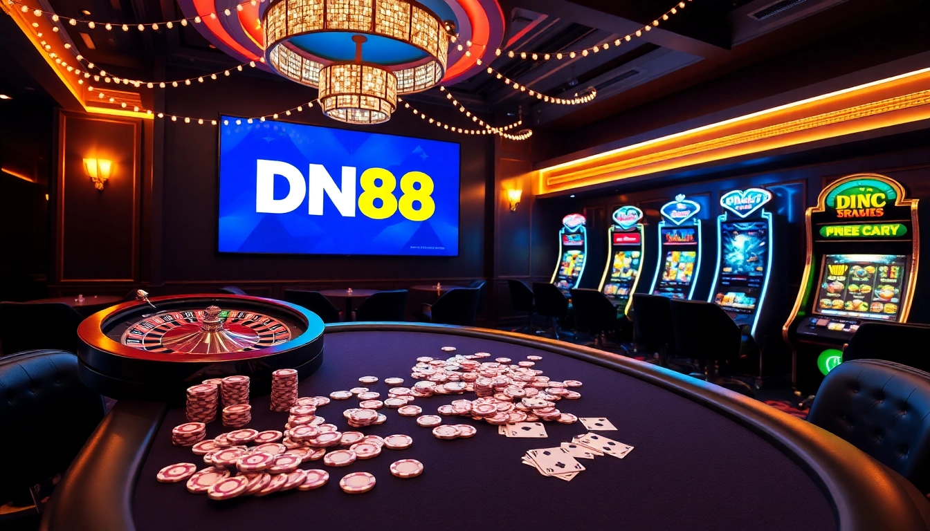 Experience high-stakes excitement at DN88's casino with poker chips and a vibrant roulette wheel.