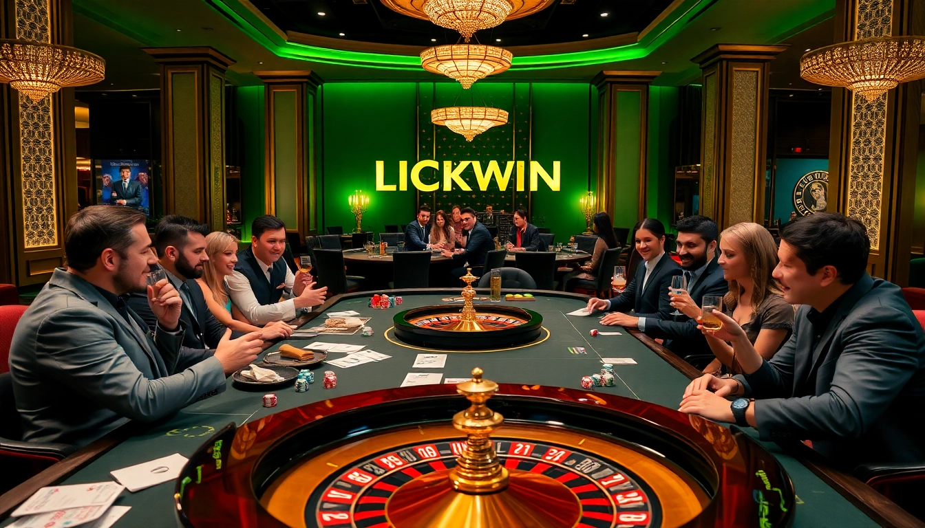 Players experiencing the excitement of winning at the LUCKYWIN casino, surrounded by vibrant gaming elements.