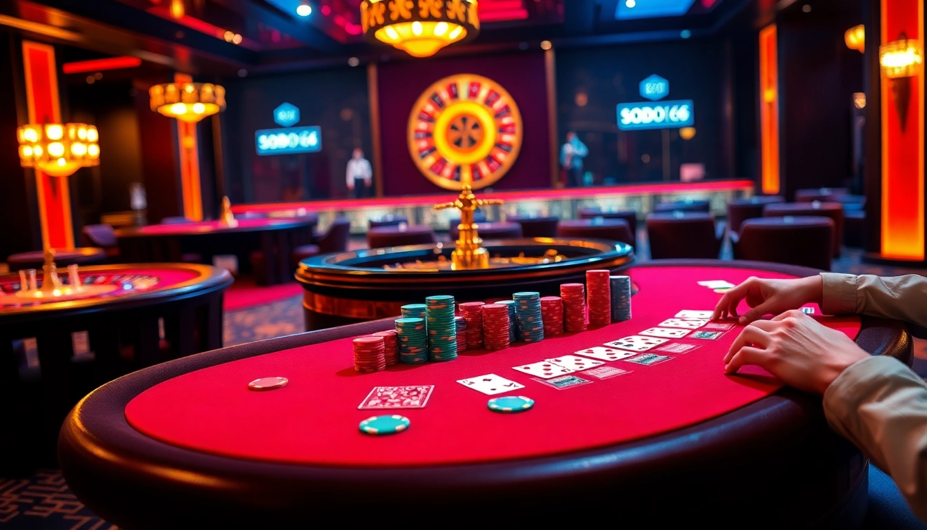 SODO66 players strategizing at a casino table with vibrant chips and cards.