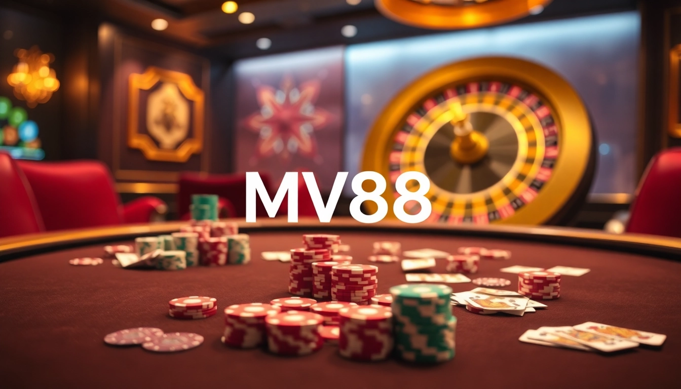 Exciting casino action featuring MV88 brand elements at a stylish poker table.