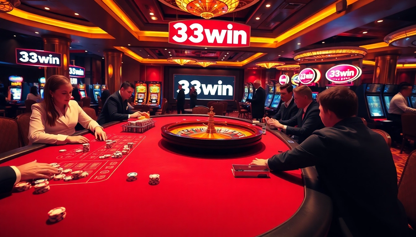 33win players strategizing at a luxurious casino table with vibrant gaming elements.