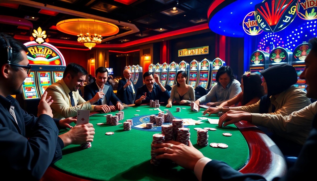 Players engaging in poker at a luxurious table, highlighting Rikvip's exciting gaming atmosphere.