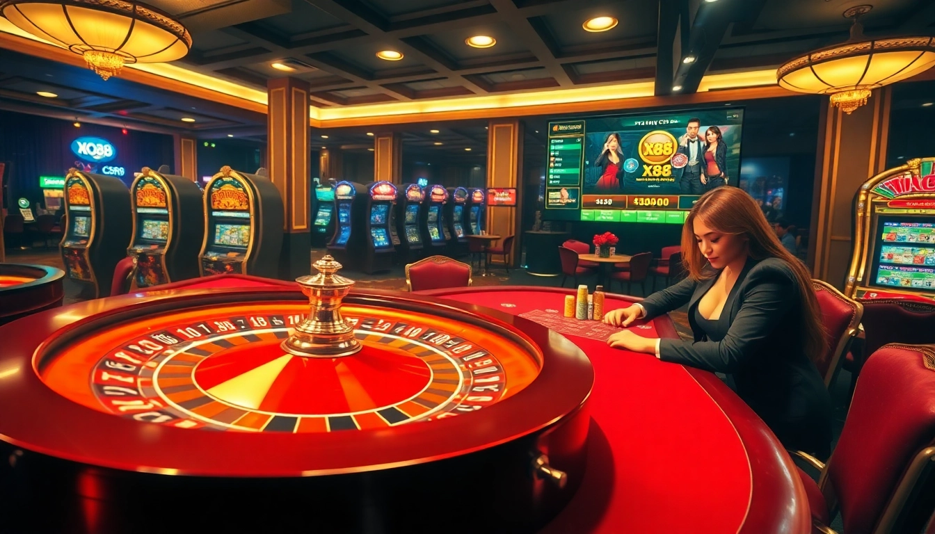 Experience the thrill of gambling at Trang Chủ X88 with luxury casino elements and vibrant game displays.
