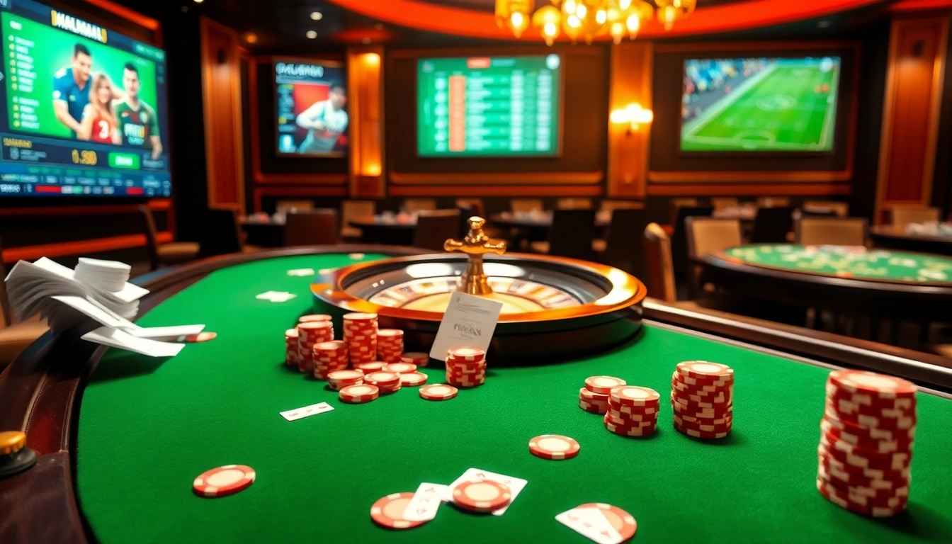 Kèo Bóng Đá betting scene showcasing luxurious casino atmosphere with poker chips and roulette wheel.