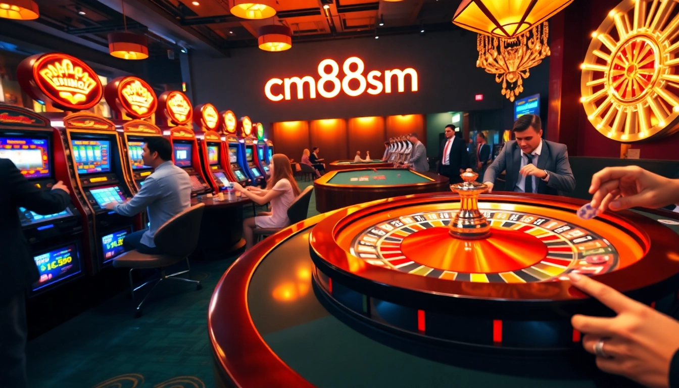 Dynamic casino atmosphere featuring roulette, slots, and poker, centered around cm88sm excitement.