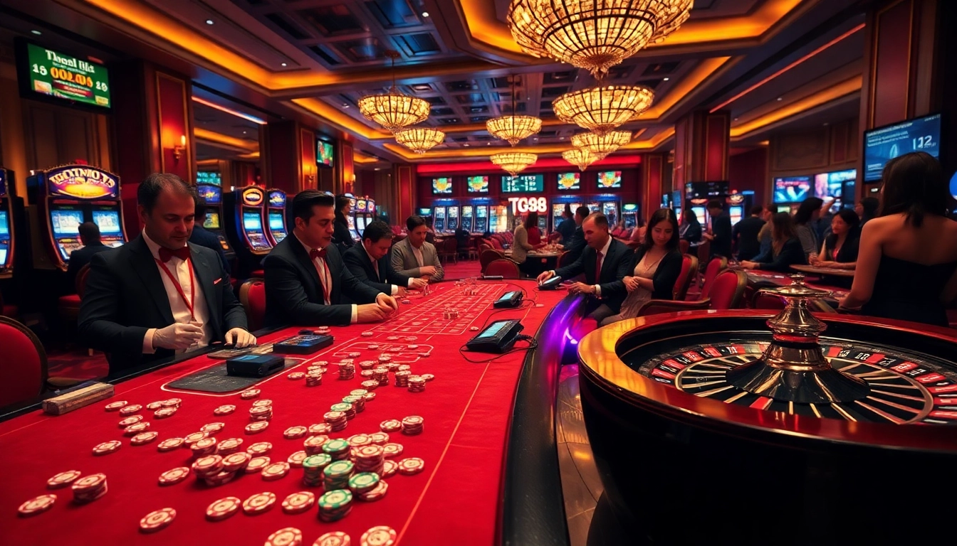 Experience the excitement of TG88 at an opulent casino table with professional dealers and vibrant games.