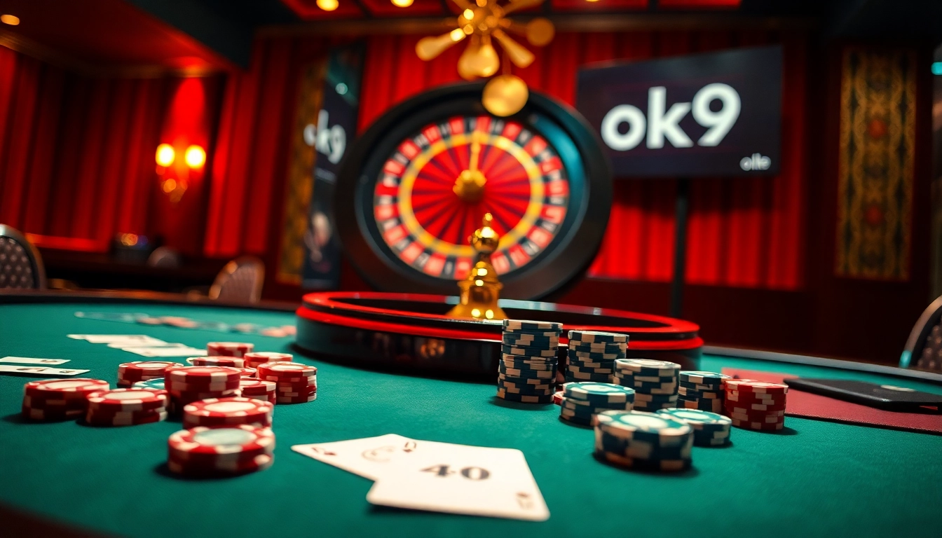 Experience the thrill of ok9 gambling with an inviting casino table setup filled with poker chips and cards.