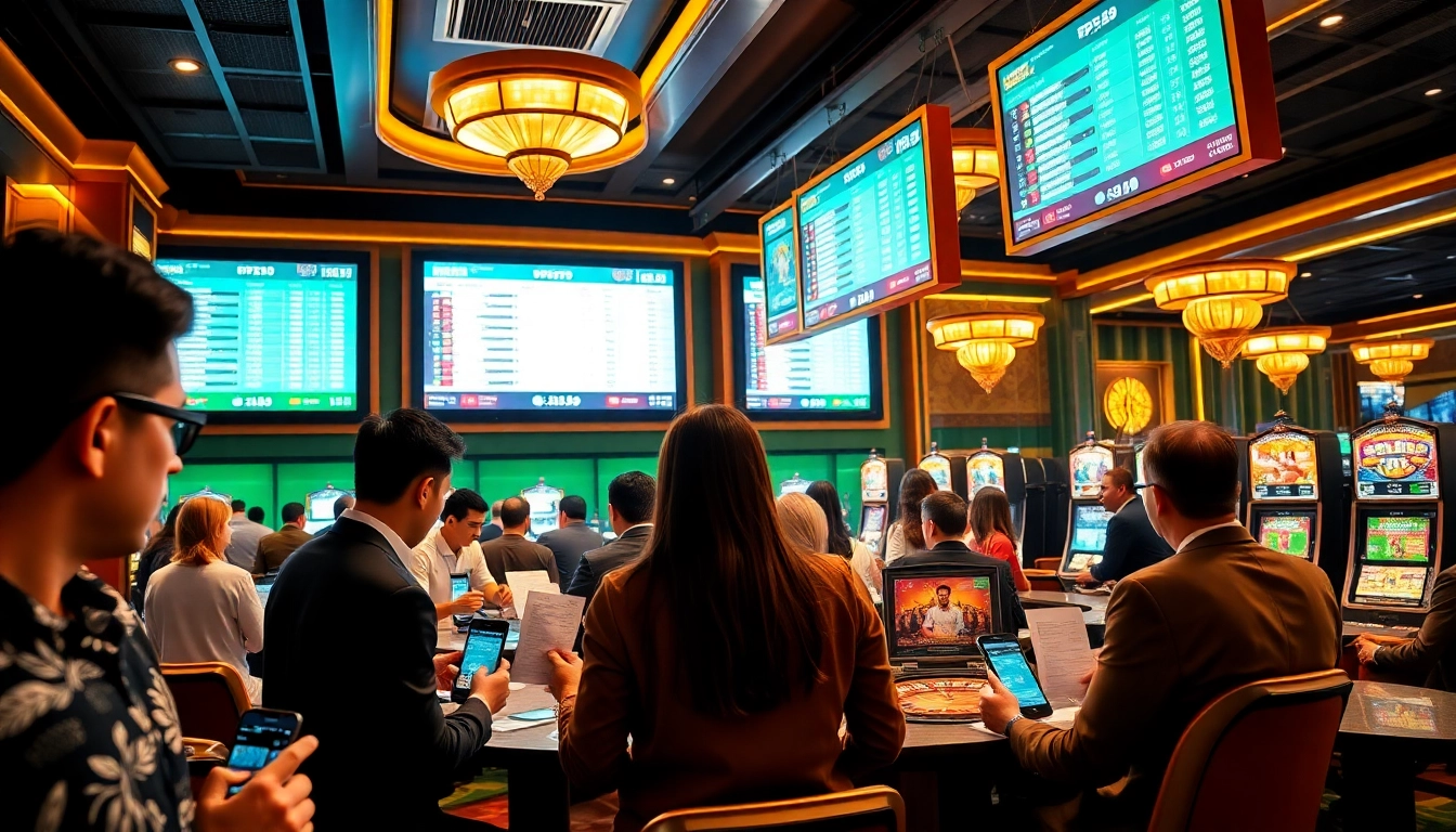 Soi kèo betting interactions in a luxurious casino setting with enthusiastic gamblers analyzing odds.