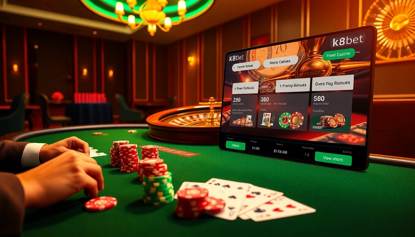 K8BET online casino scene featuring poker gameplay with luxurious chips and cards.