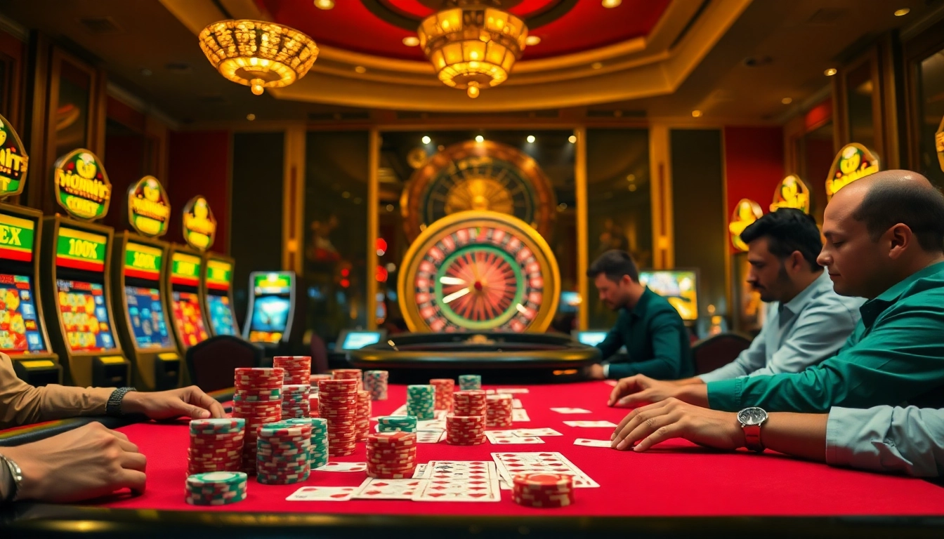 Engaged players enjoying intense poker at https://iwincom.net/ with vibrant casino elements.
