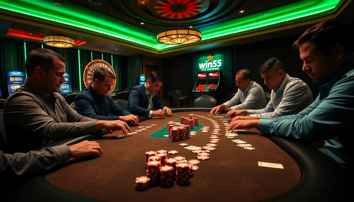 Engaged players in a thrilling poker game at the win55 casino, highlighting casino chips and cards.