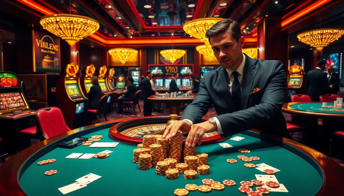 VJ88 players engaging in high-stakes poker at a luxurious casino table.