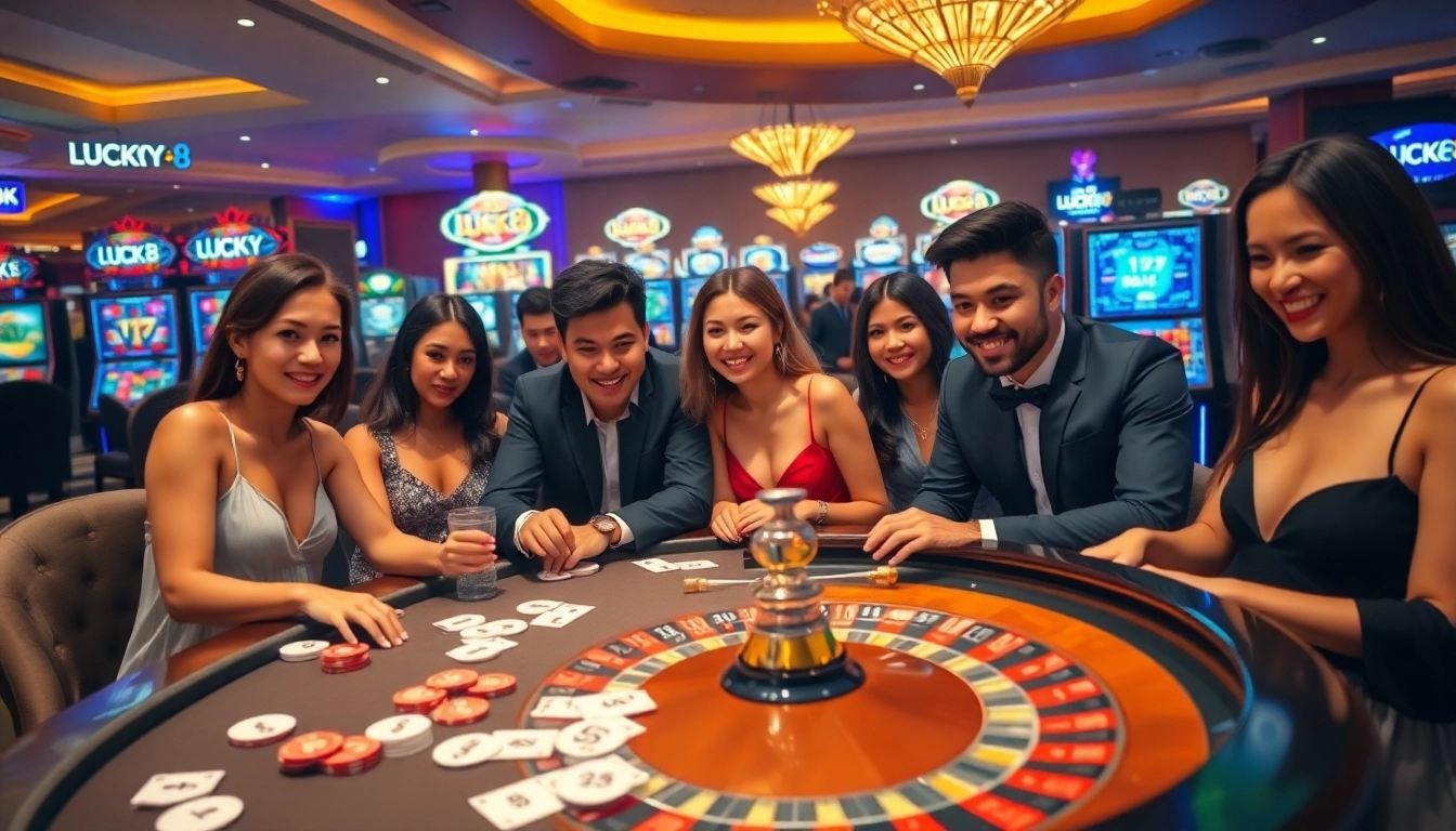 Người chơi đang tận hưởng trải nghiệm casino đầy hồi hộp tại bàn chơi của LUCK8, được bao quanh bởi các chip poker và lá bài.