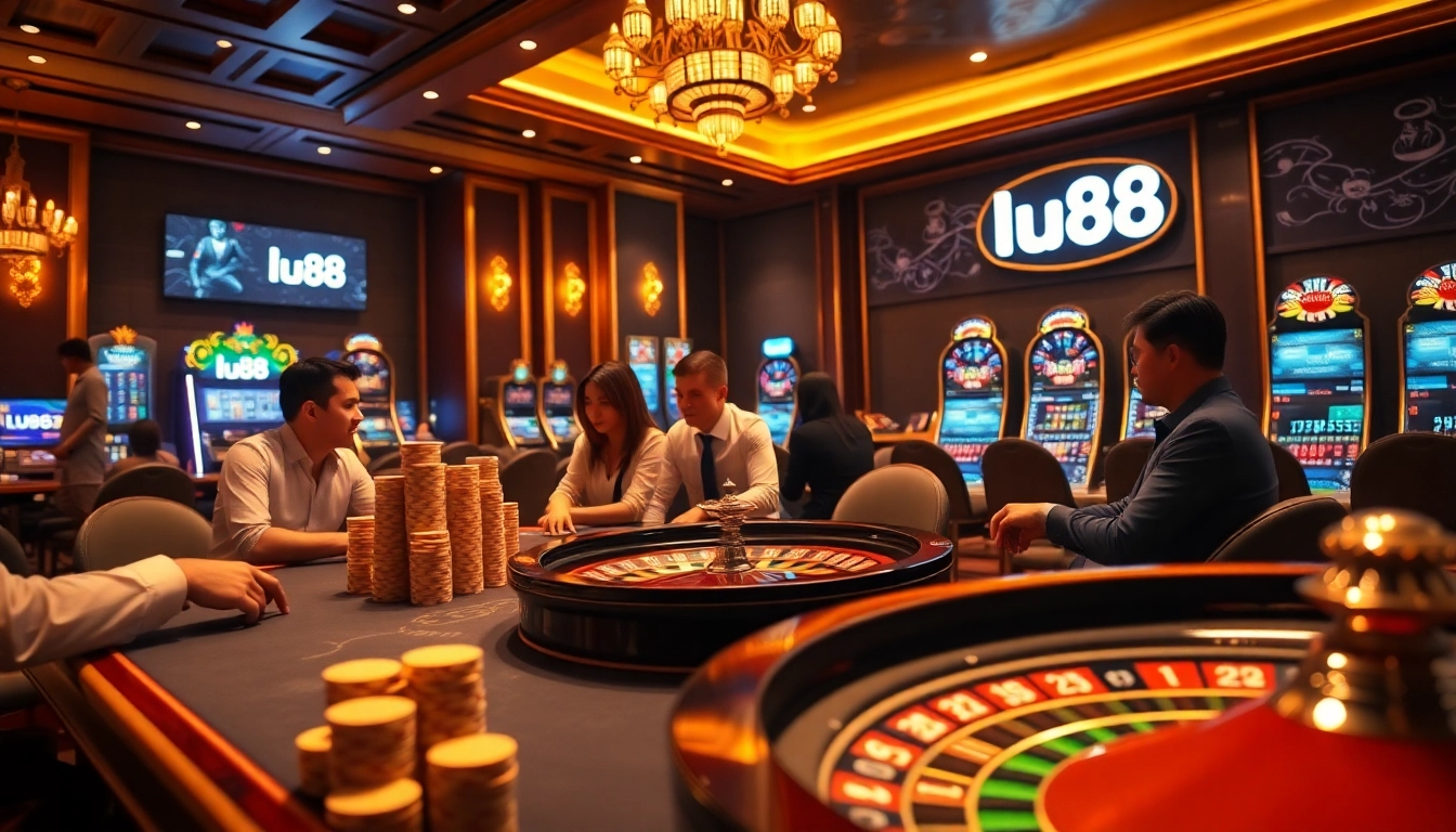 Players engrossed at a poker table in a luxurious casino environment showcasing lu88 excitement.