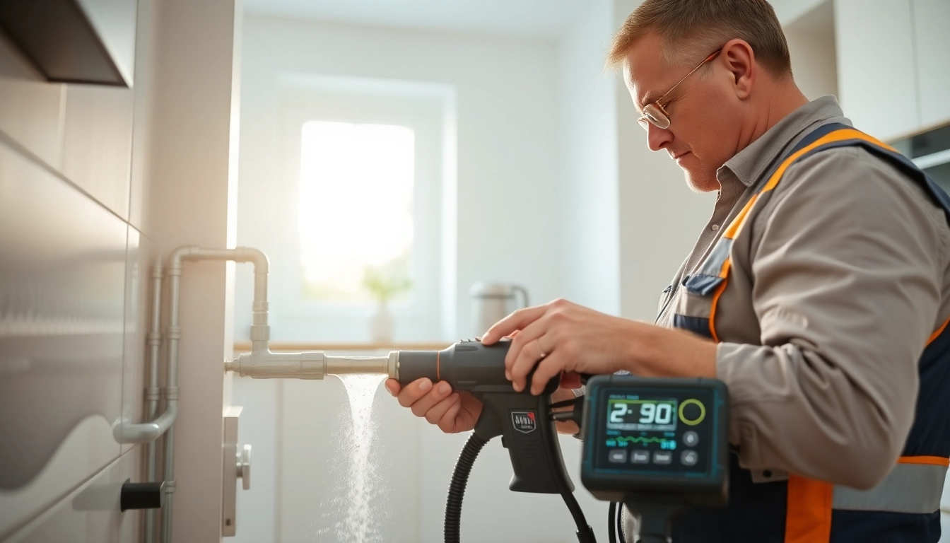 Power flush technician using advanced tools in a modern kitchen setting.