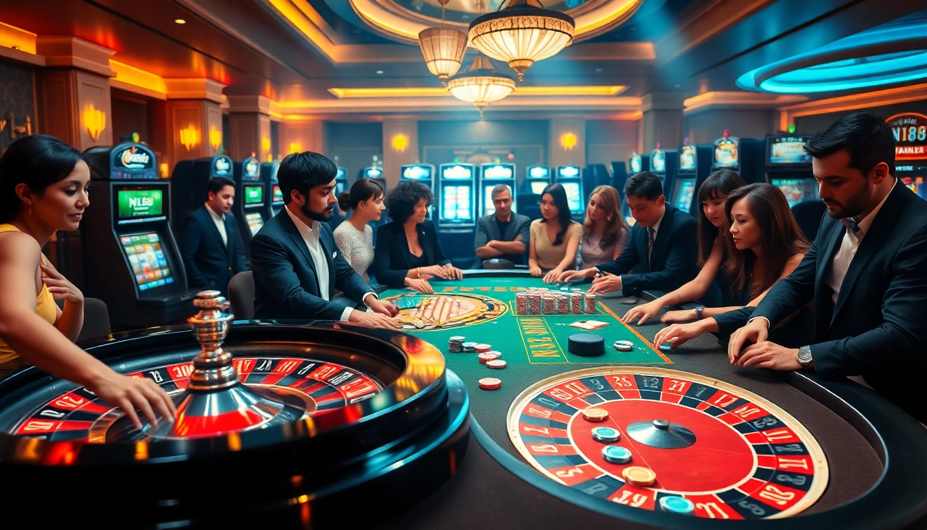 N188 features players enjoying a high-stakes casino atmosphere with poker chips and roulette.
