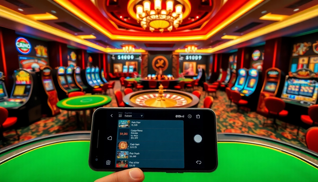 The 888vnd app shown on a mobile device in a vibrant casino environment filled with gaming tables and slot machines.
