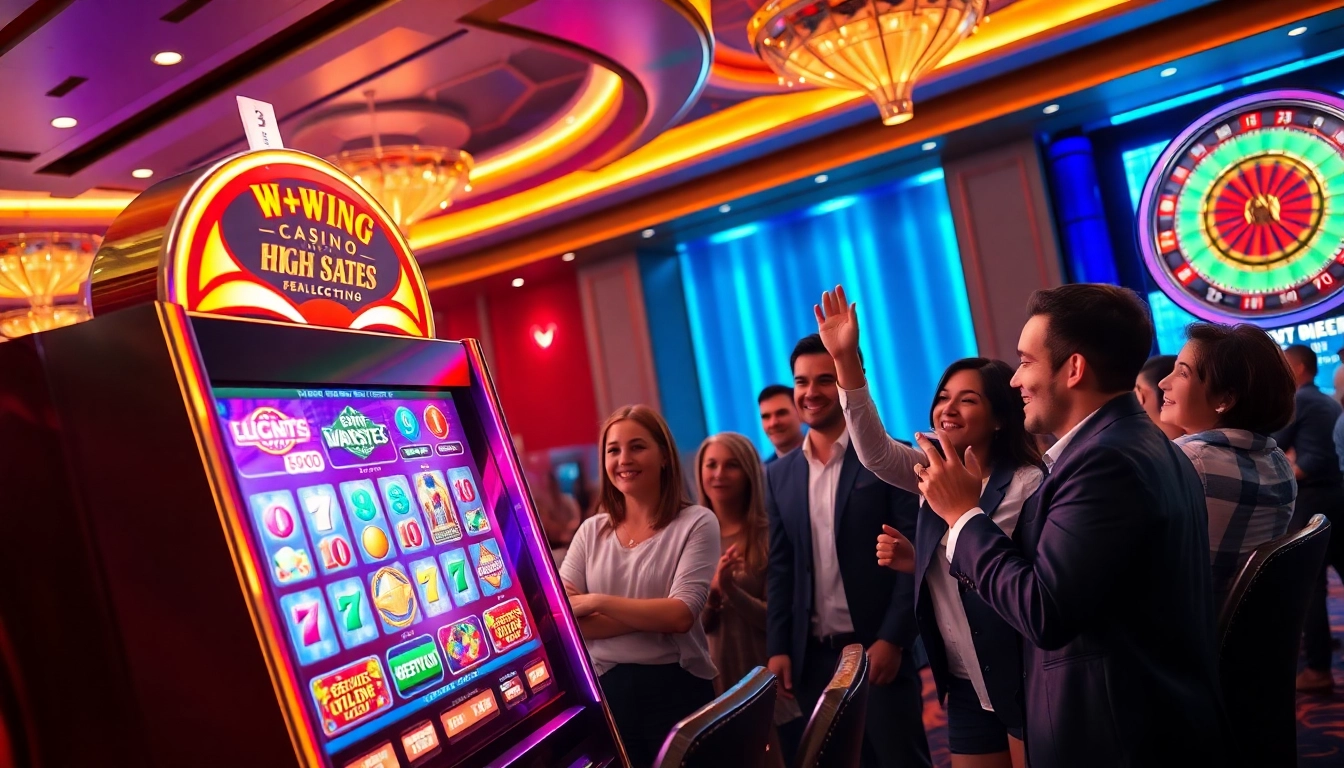 Nohu slot machine excitement with players celebrating winnings at a vibrant casino scene.