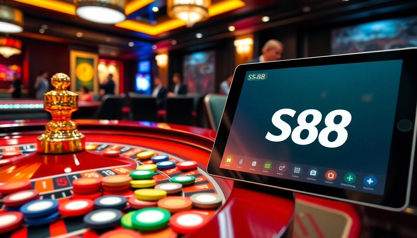 Experience S88 excitement at a high-stakes poker table in a luxurious casino environment.