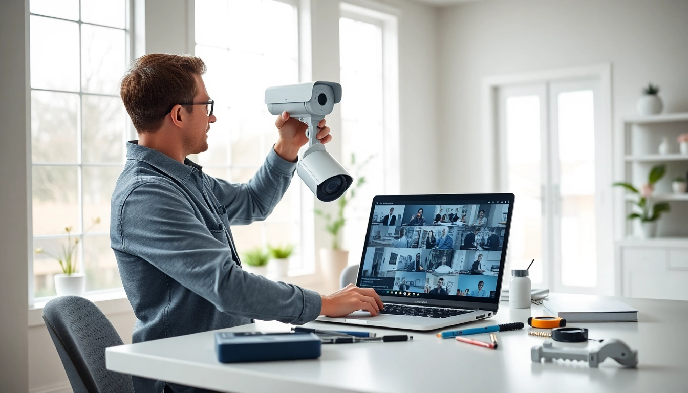 Técnico experto brindando soporte técnico en cámaras de seguridad durante la instalación en una oficina moderna.