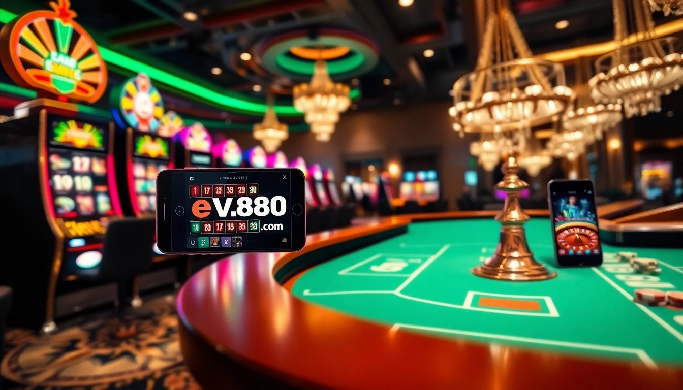 Experience the vibrant gaming atmosphere at ev88.com with luxurious casino elements and engaging players.