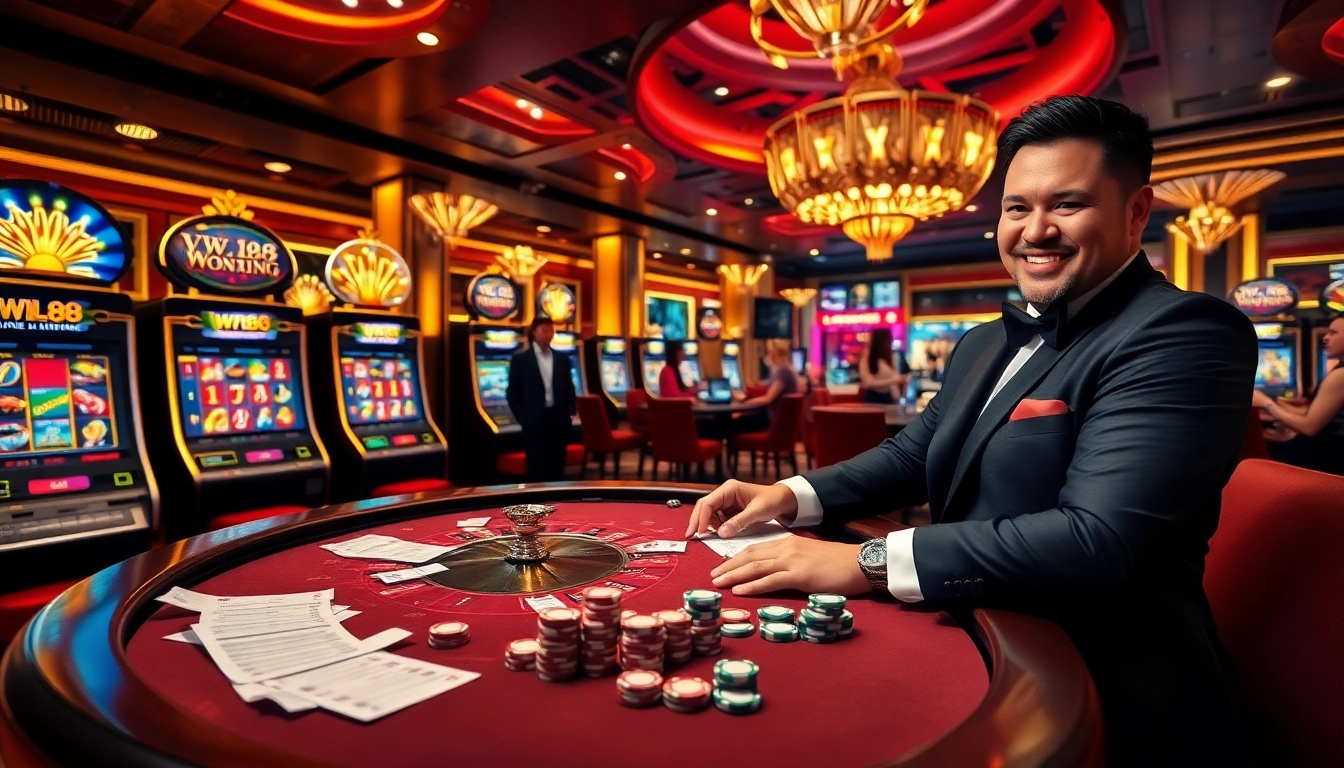 WW88 engaging scene with online gaming elements, showcasing vibrant casino activities.