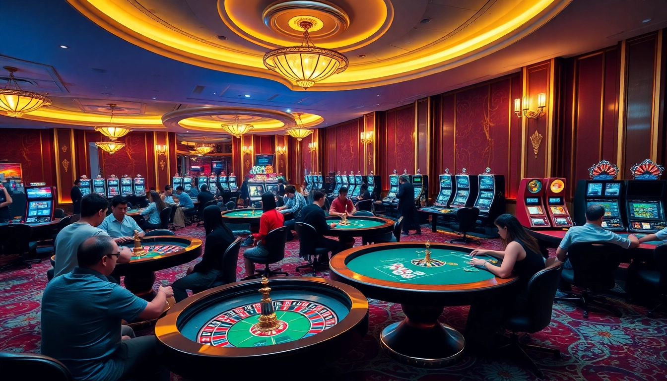 Players enjoying casino games at https://www.ok8386a.org/, featuring roulette wheels and poker tables.