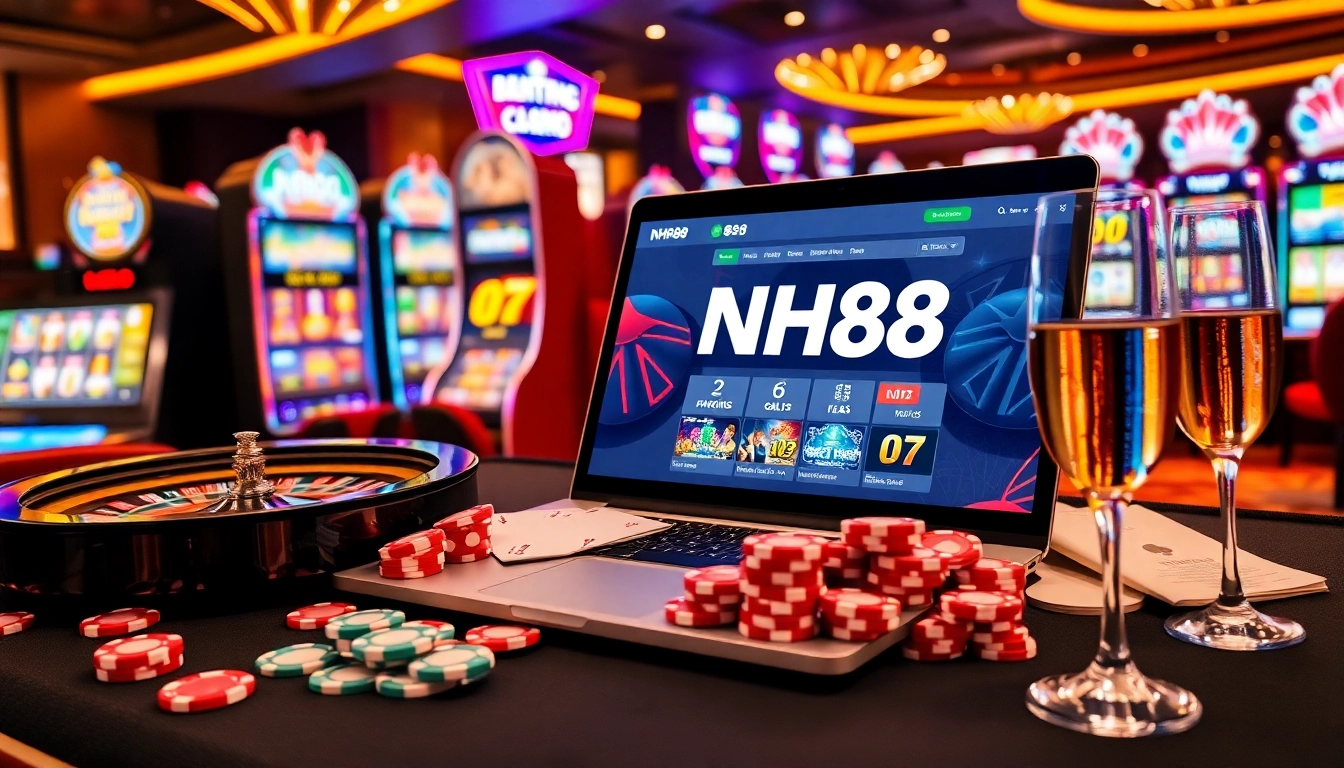Experience NH88's vibrant gaming interface amid luxurious casino elements and thrilling excitement.