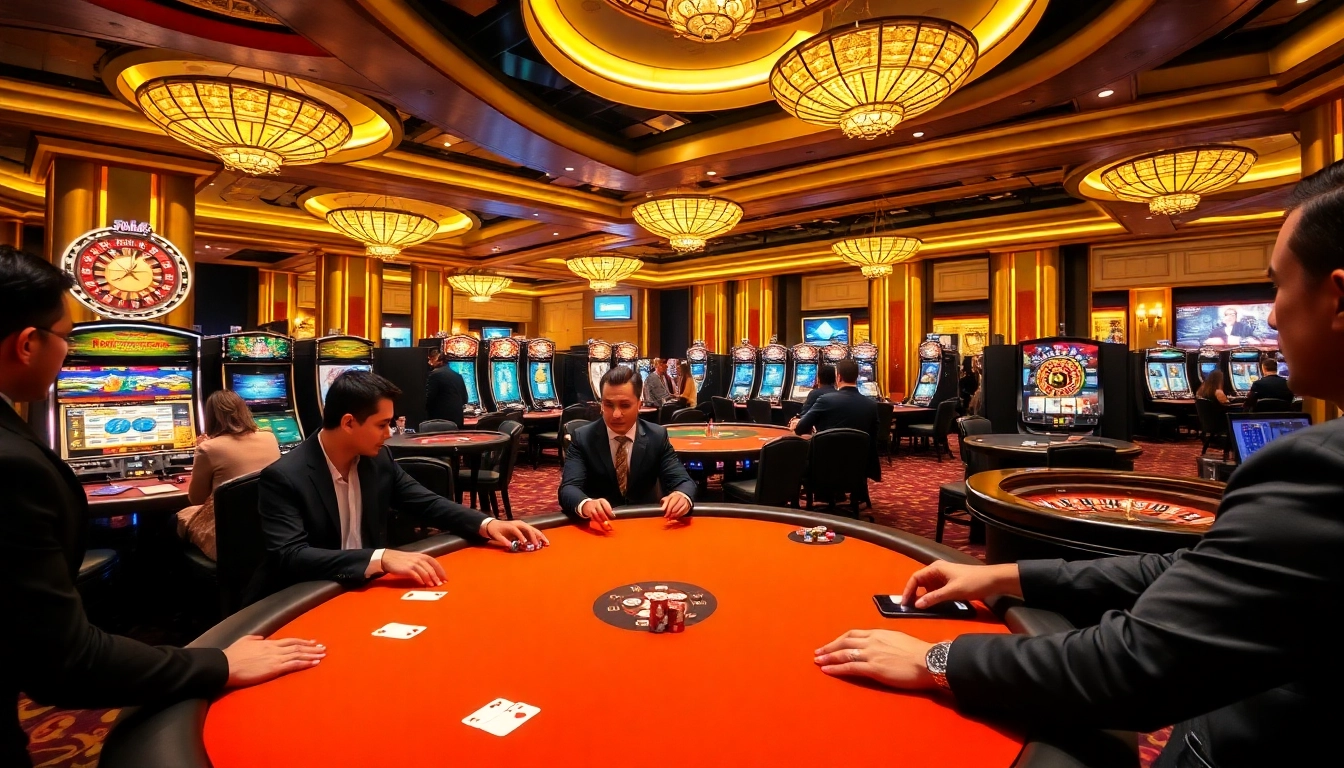 Players enjoying poker and roulette at Rikvip's luxurious casino, showcasing excitement and strategy.