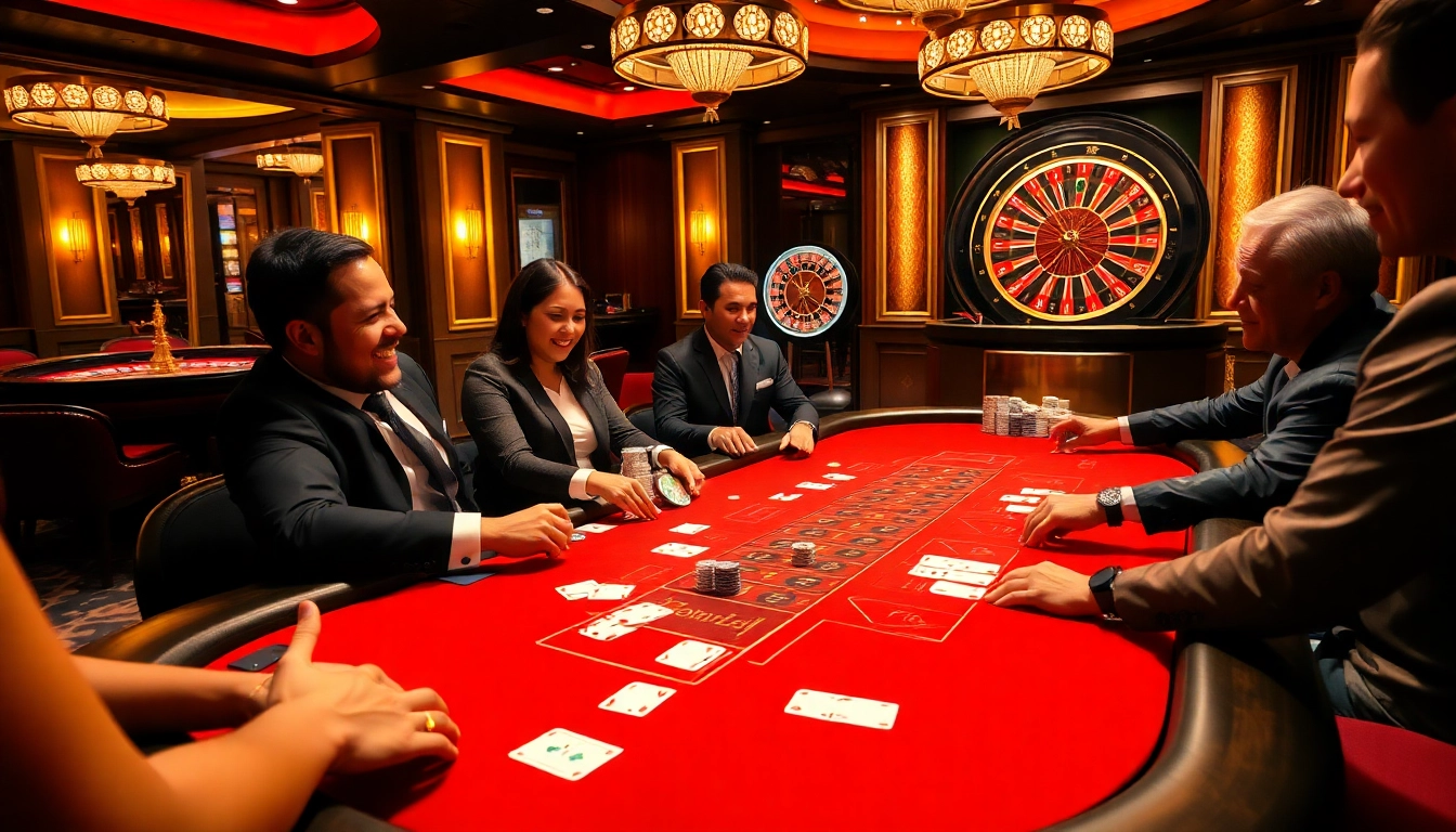 Players enjoying a thrilling 789club poker game at a vibrant casino table.