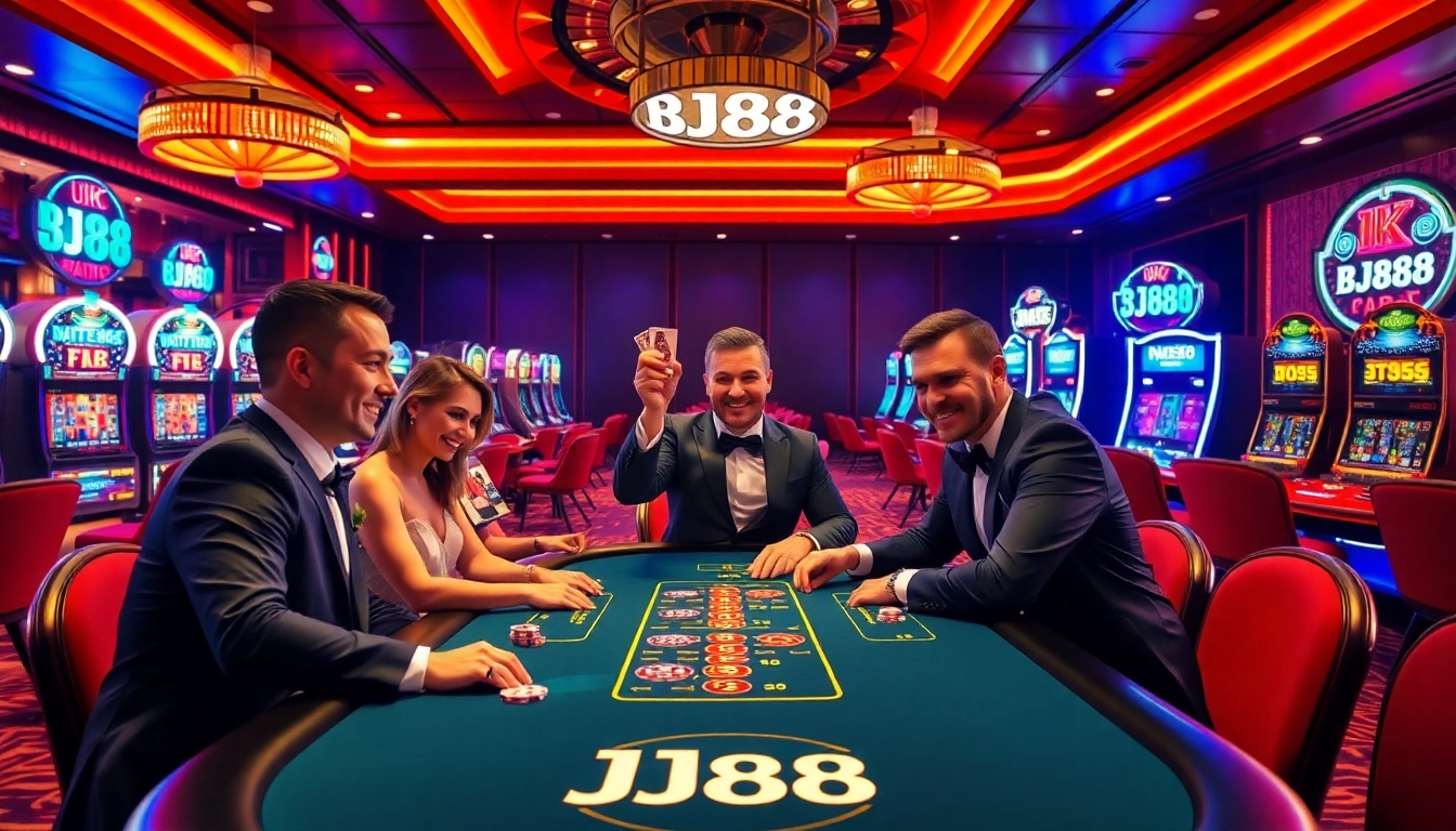 Action-packed BJ88 casino gaming scene featuring an excited player winning at blackjack.