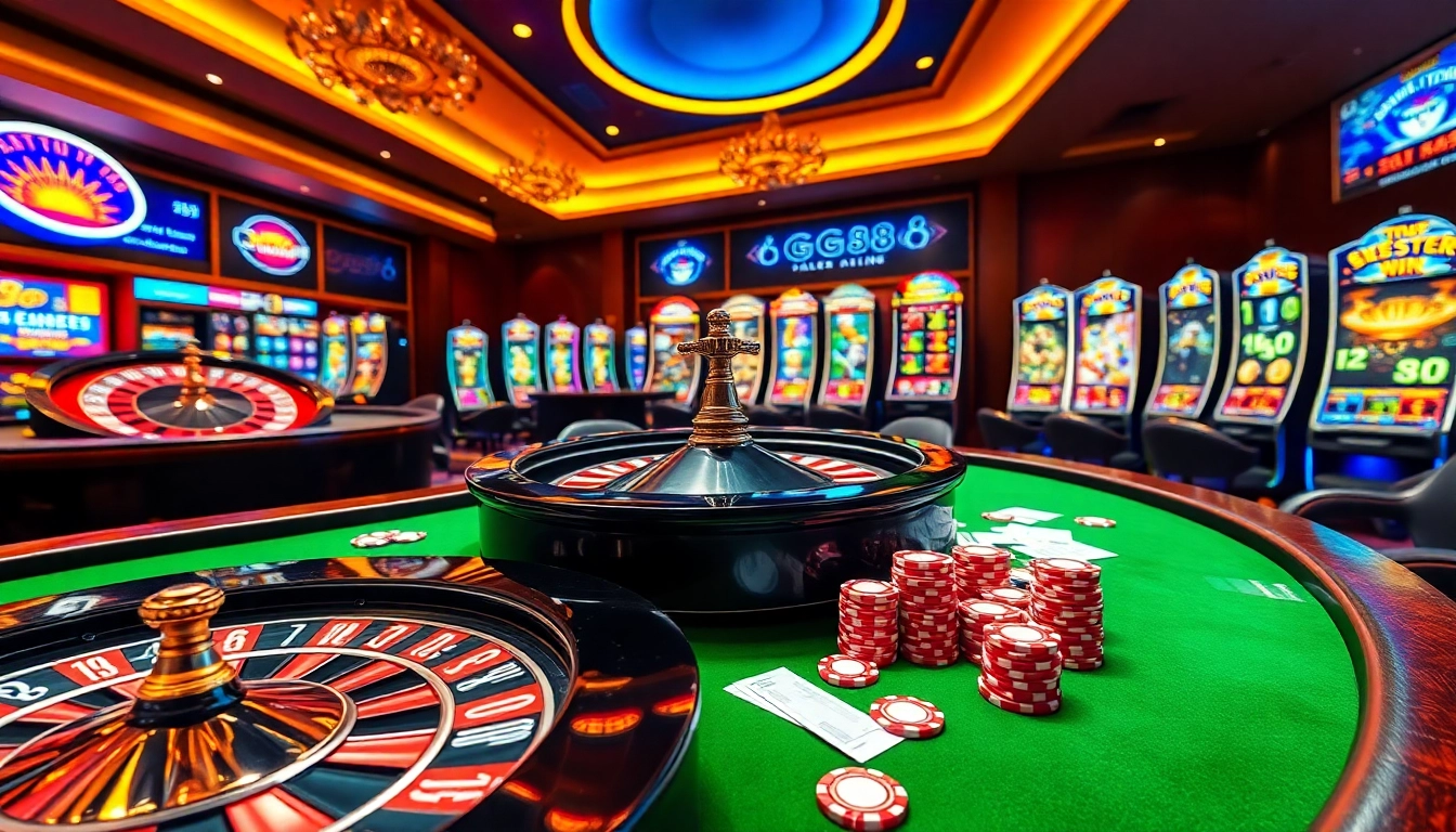 Experience the excitement of GG88 at a luxurious casino with vibrant slot machines and poker tables.