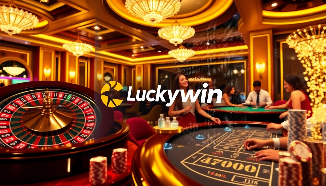 Experience the thrill of Luckywin with players enjoying a luxurious casino atmosphere filled with poker chips and roulette wheels.
