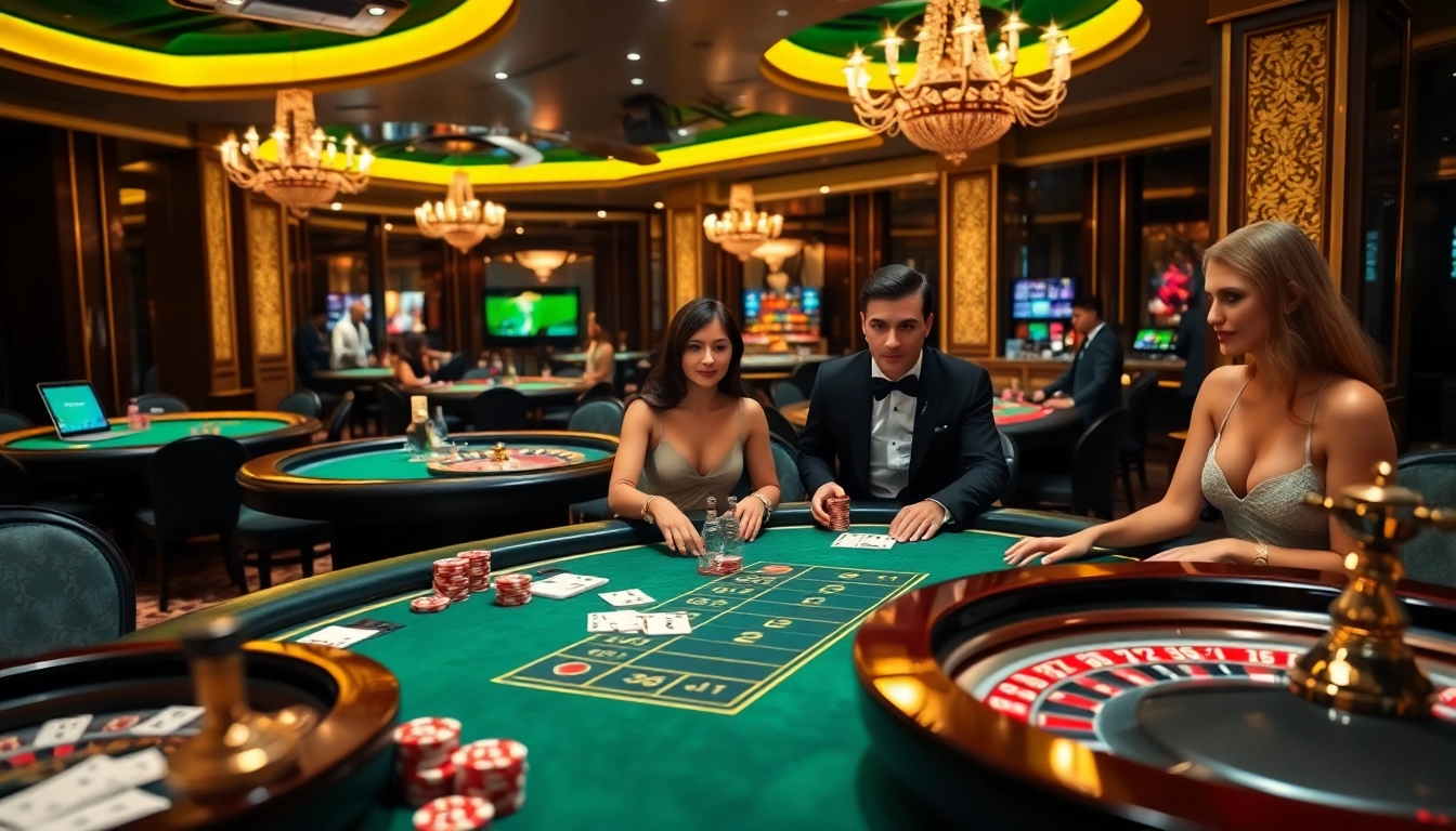 Gamblers playing at a luxurious GG88 casino table, surrounded by poker chips and cards.