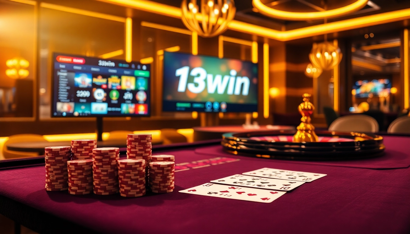 Engaging scene featuring online casino games at 13win, showcasing poker chips and a roulette wheel.